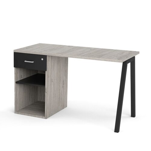A-Leg Single Pedestal Desk – Verzasca Oak & Black Detail 1000 x 600mm Desk Top 1 Drawer Desk High Pedestal with Shelf A Frame Steel Leg – Black