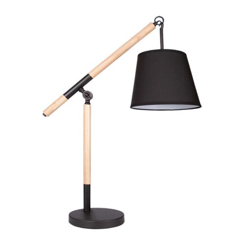 Moai Table Lamp – Black & Wood Metal and Wood Table Lamp with Black Fabric Shade Height: 750mm
