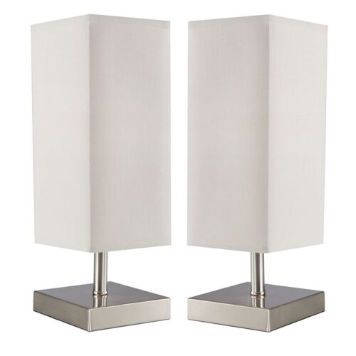 Lincoln Set of Two Table Lamps – Satin Chrome & Beige Twin Set, Satin Chrome Table Lamp with Beige Shade 1 x 18W E27 Excludes Globe Height: 350mm