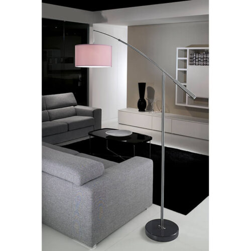Nadina Floor Lamp – Satin Chrome Fabric Lamp Shade Inline Foot Switch 380mm x 1180 – 1930mm – Height: 1890mm – 2085mm