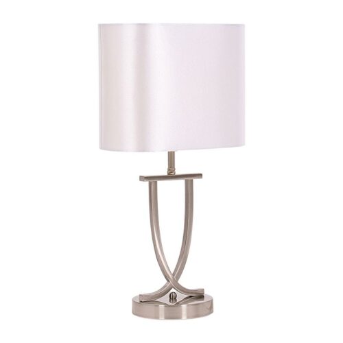 Opera Table Lamp – Satin Chrome & White Satin Chrome Table Lamp with Oval Pearl White Shade