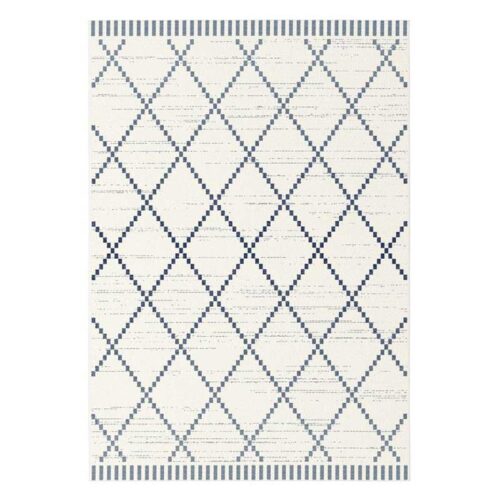 Modern Panama Block Diamond White Faded Denim Weft Rug