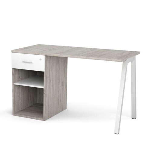 A-Leg Single Pedestal Desk – Verzasca Oak & White Detail 1000 x 600mm Desk Top 1 Drawer Desk High Pedestal with Shelf A Frame Steel Leg – White