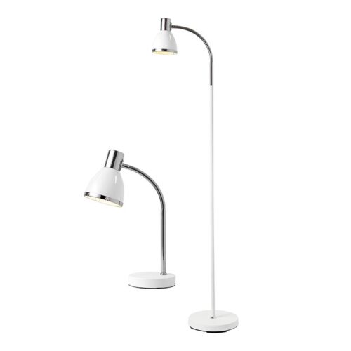 Venus Matching Lamp Set – Chrome and White 1X 1500mm High Floor Lamp + 1X Complimentary Matching Table Lamp Dimensions: 145mm x 220mm – Height: 1500mm