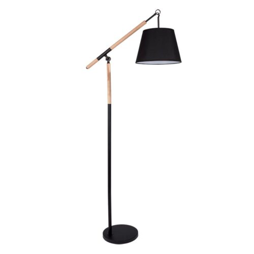 Eton Floor Lamp – Black Metal and Wood Standing Lamp with Black Fabric Shade 1 x Foot Switch Height: 1700mm