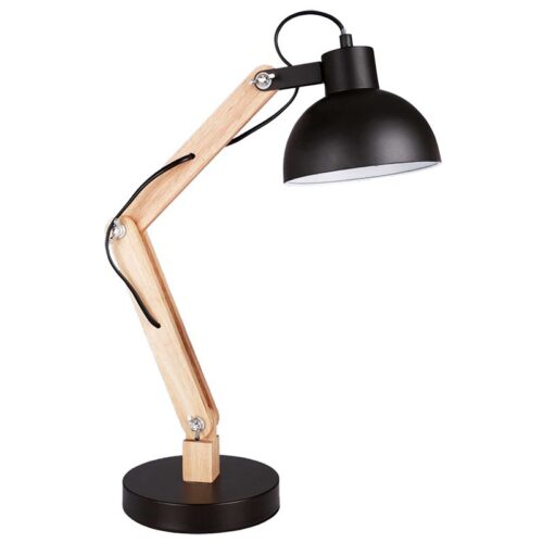 Willis Desk Lamp – Black Metal and Wood Table Lamp with Metal Shade, Adjustable1 x 60W ES Excludes Globe Height: 500mm Base: 160mm Head Width: 150mm